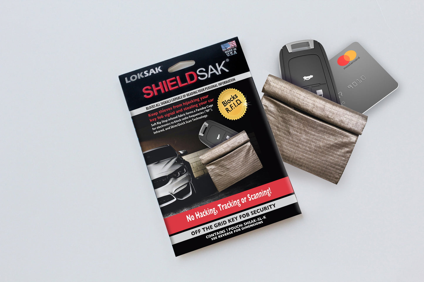 SHIELDSAK Faraday Key Fob Pouch with Cards – RF Signal Blocking RFID Sleeve | LOKSAK