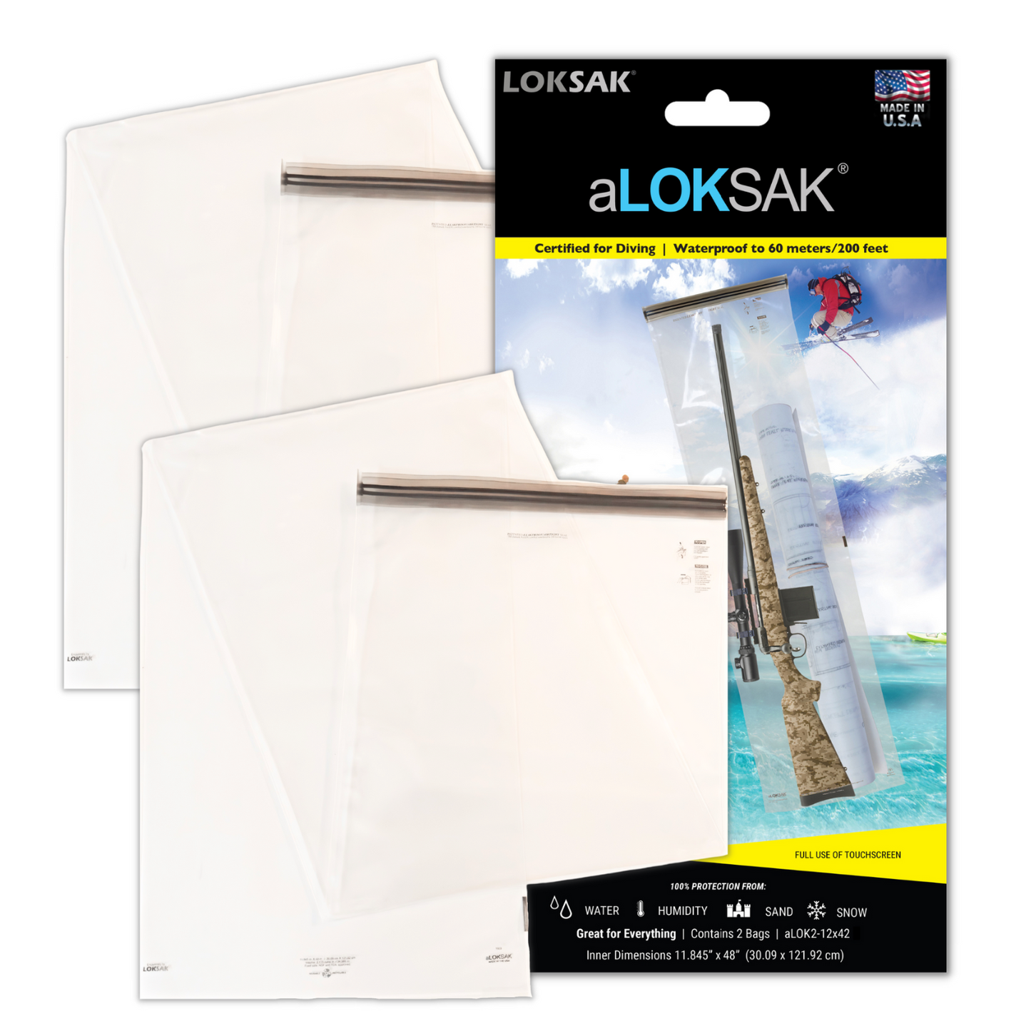 Waterproof Rifle & Long Gear Bag | Certified 200ft | 12x48" 2 Pack | aLOKSAK