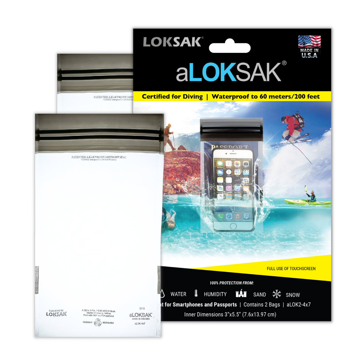Waterproof Bag for Phone & Wallet | Certified 200ft | 4x7" 2 Pack | aLOKSAK