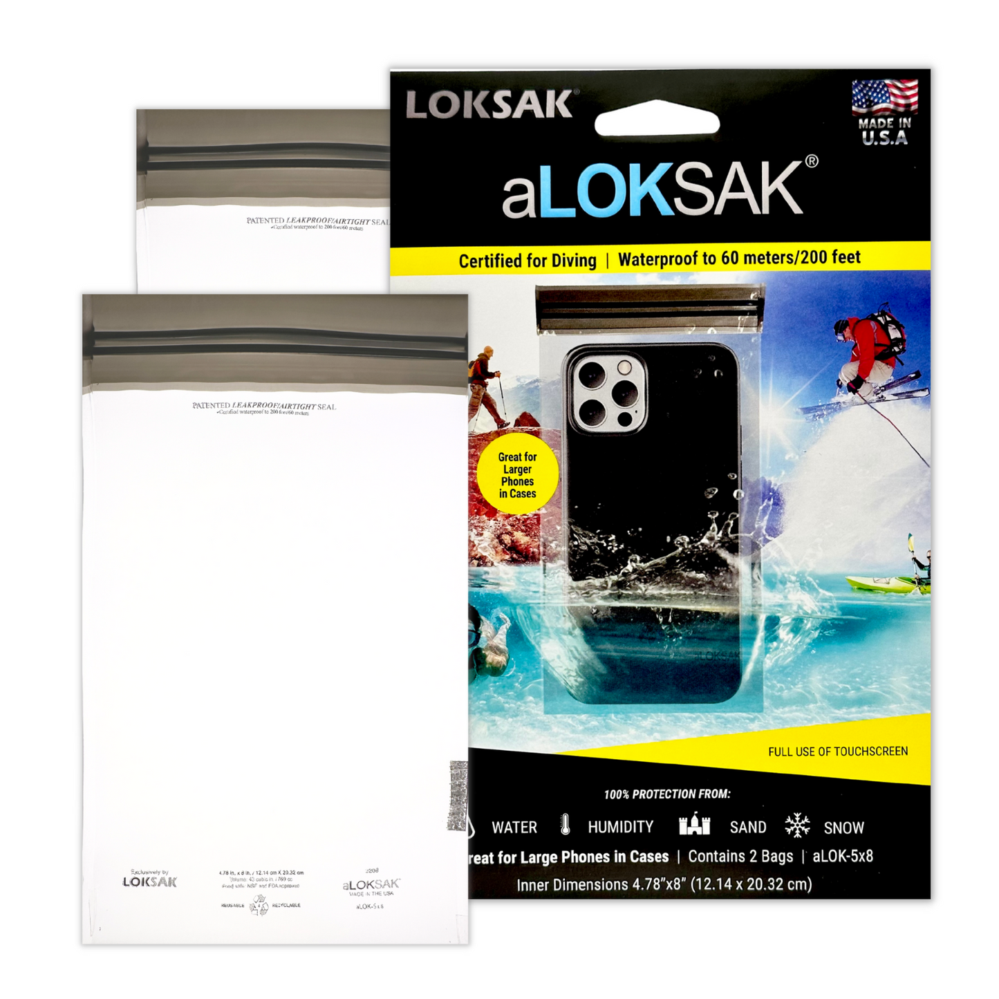 Waterproof Bag for Larger Phones | Certified 200ft | 5x8" 2 Pack | aLOKSAK