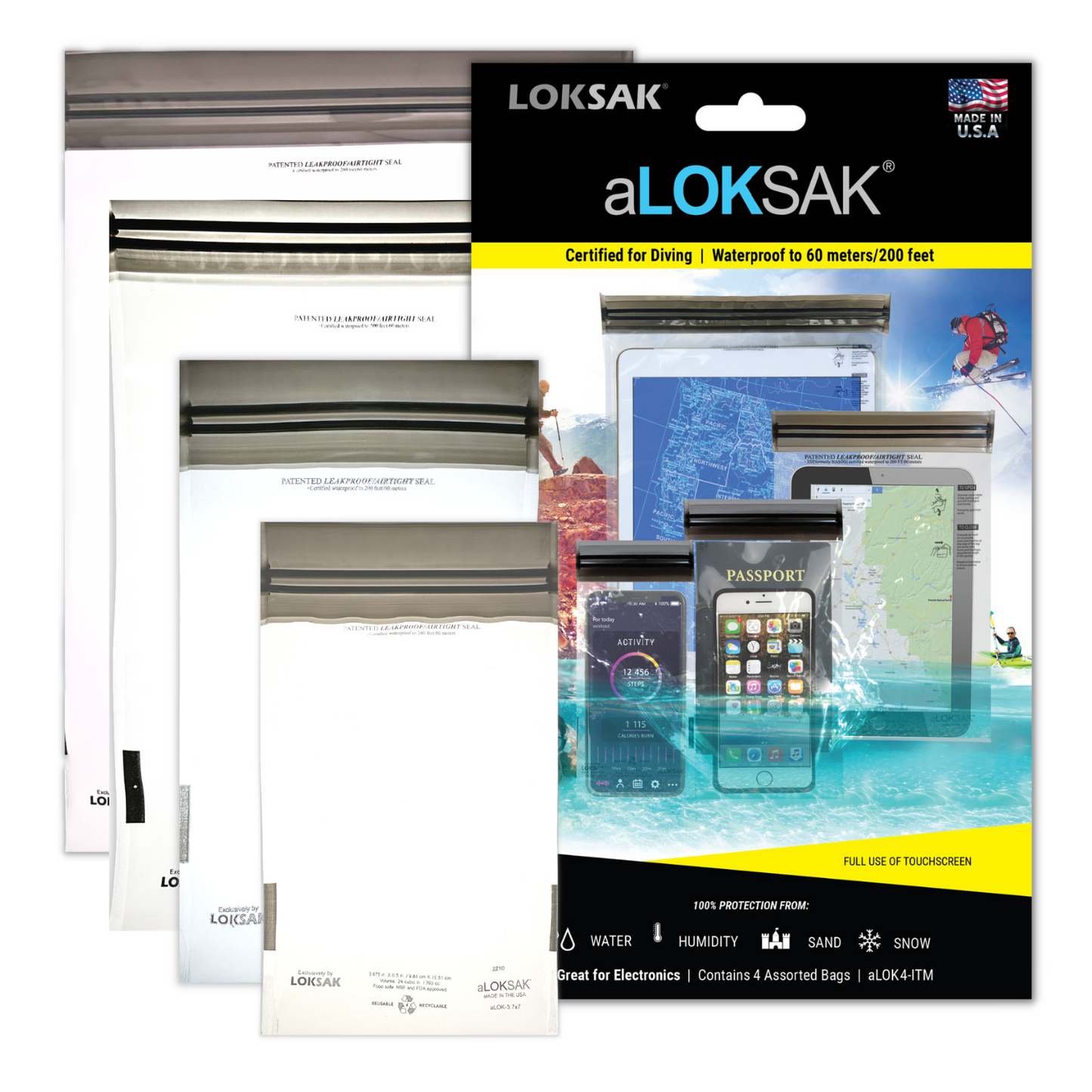 Waterproof Tech Bag Set - Phones, Tablets & Electronics | Certified 200ft | 4 Pack | aLOKSAK