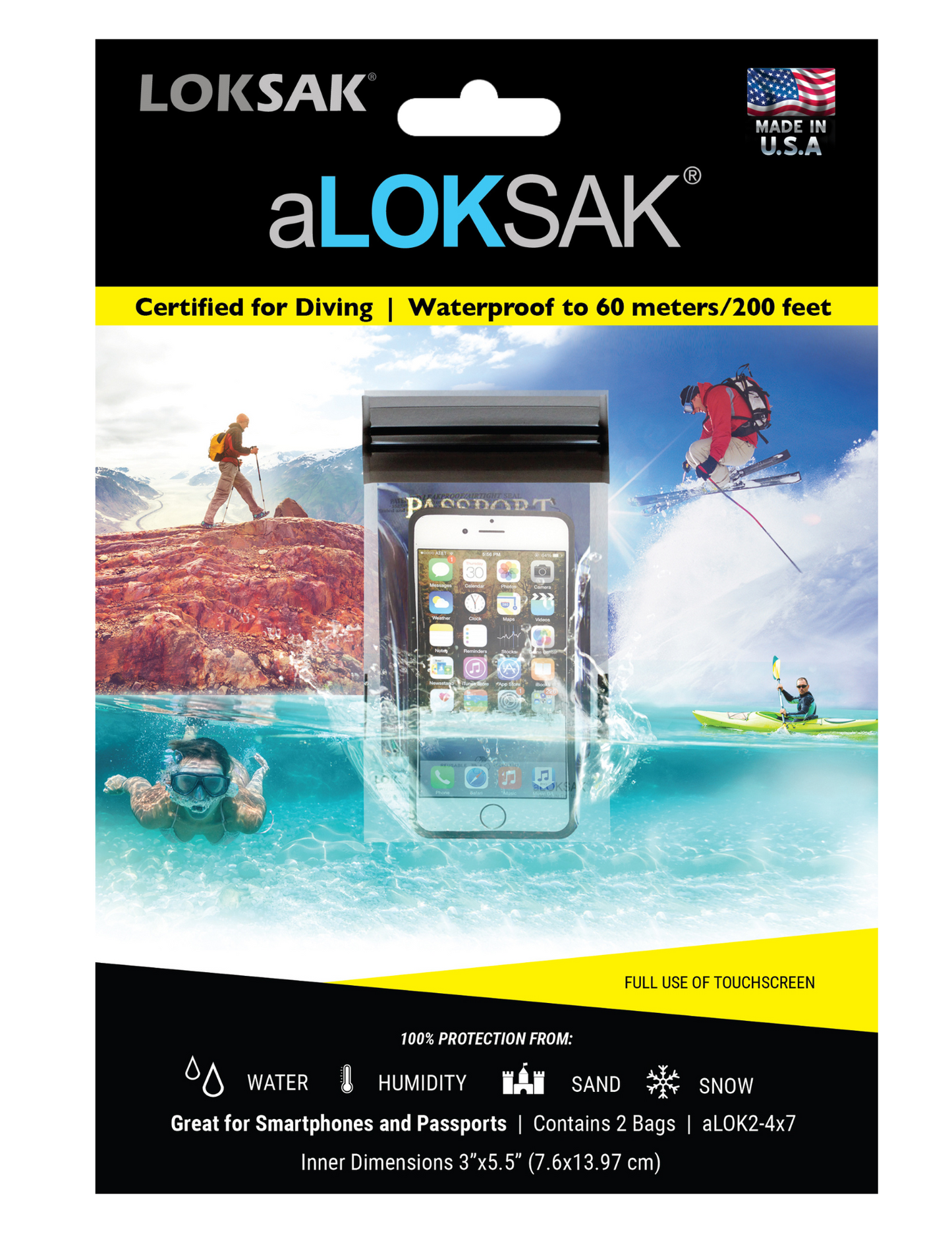 Waterproof Bag for Phone & Wallet | Certified 200ft | 4x7" 2 Pack | aLOKSAK