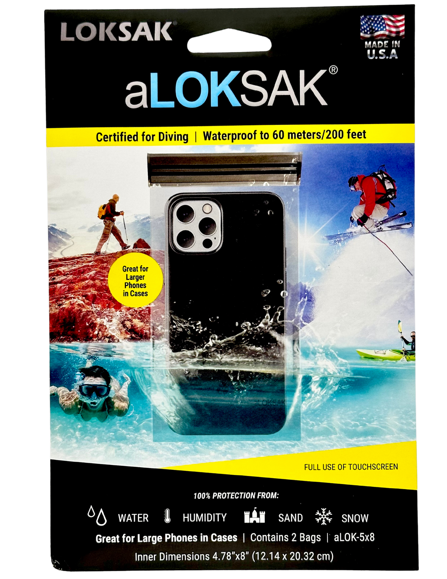 Waterproof Bag for Larger Phones | Certified 200ft | 5x8" 2 Pack | aLOKSAK
